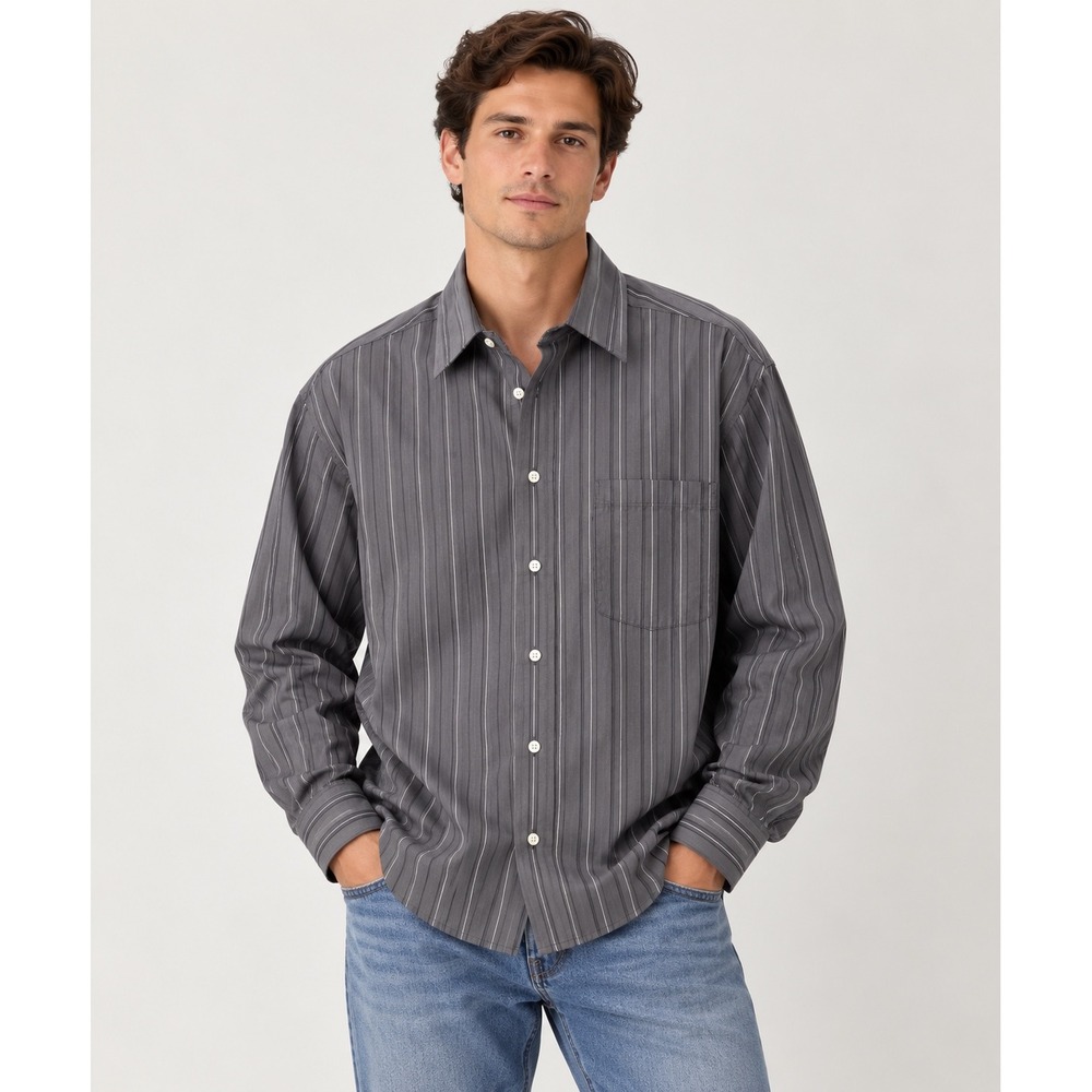 Calvin Klein Mens XL 17 36/37 Grey White Striped Cotton Button Down Dress Shirt